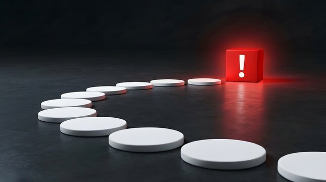 Path of white circular discs leading to a glowing red cube with an exclamation mark symbol on a dark floor, representing risk, caution, and reaching a critical target or alert.