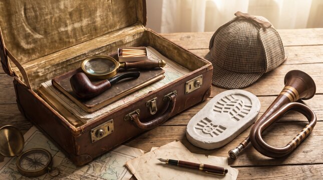 Vintage detective gear with a magnifying glass, pipe, deerstalker hat, and footprint cast.