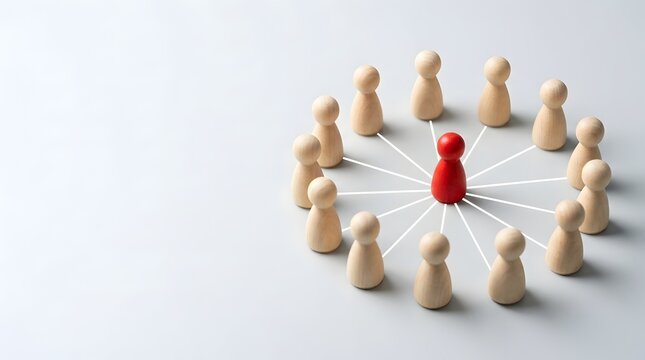 Minimalist conceptual shot of a red wooden figure acting as a central leader or hub, connected by lines to a surrounding circle of diverse team members on a clean neutral background.