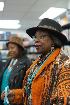 An older African American woman, in an orange coat and hat, holds a teal ribbon at a SAAM Day of Action event. She's with another woman, demonstrating community support for sexual assault awareness