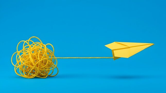 Yellow paper plane flying from tangled string on blue background, symbolizing simple solutions to complex problems and streamlined creative thinking.