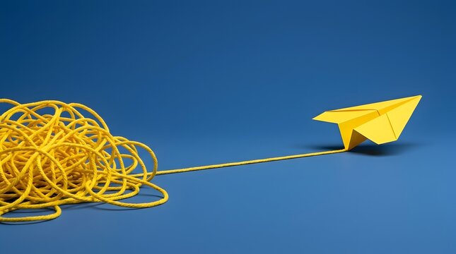 Yellow paper plane untangling complex knot on blue background. Conceptual image representing problem solving, simple solutions, leadership, and finding clarity from chaos.