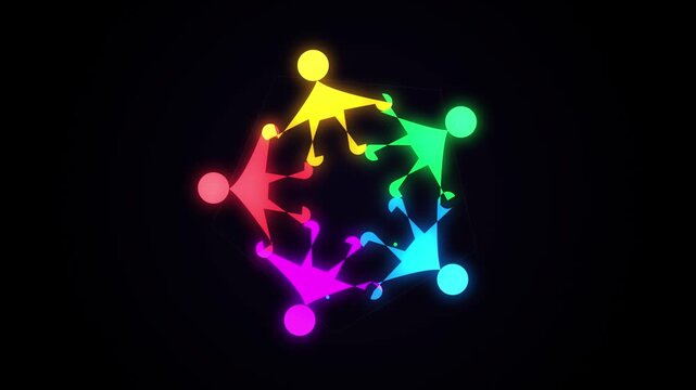 Neon glowing stick figures holding hands in a circle forming a team concept animation