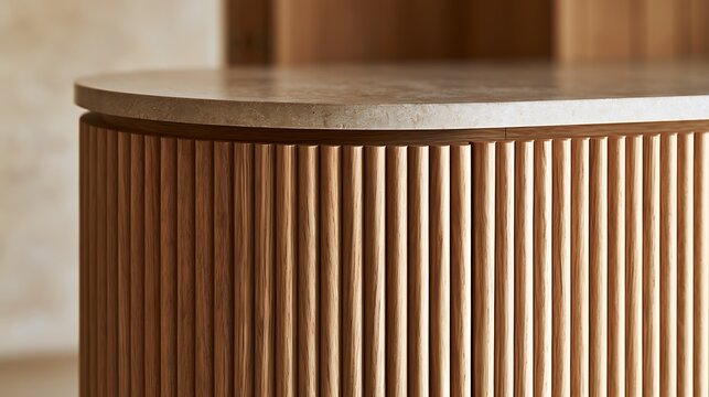 Modern Fluted Wooden Cabinet Detail with Stone Top.