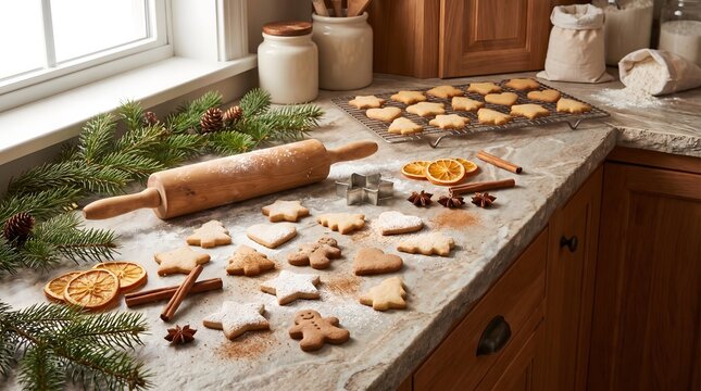 Christmas 2026 festive baking process with homemade gingerbread cookies, wooden rolling pin, star cutters, cooling rack, dried orange slices, cinnamon, flour on kitchen marble countertop photo