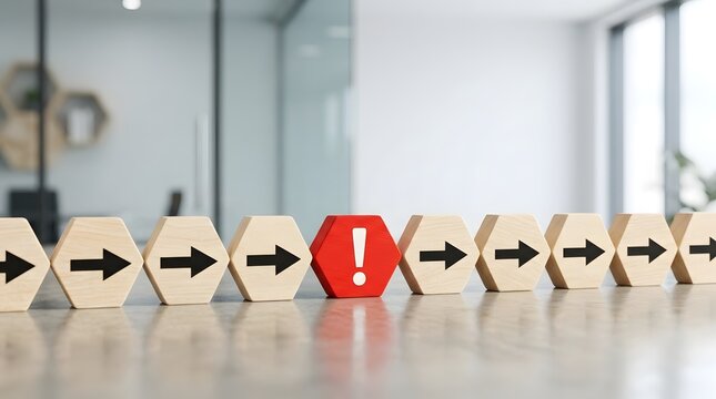 Conceptual business image of a red hexagon with an exclamation mark among wooden blocks with arrows, symbolizing a problem, error, or warning in a strategic process or workflow.