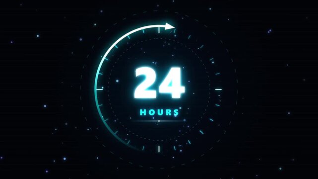 24 hours neon glowing clock timer graphic animation on dark background