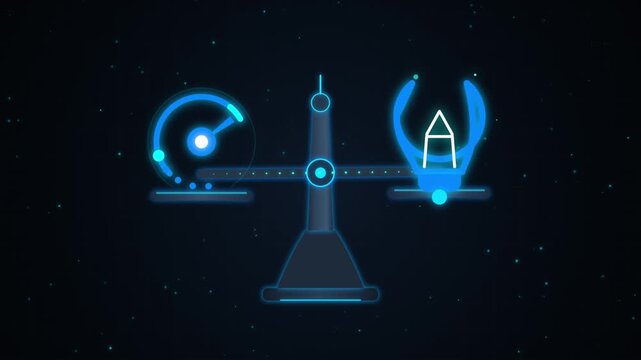 Neon balance scale comparing speed and creative idea in blue light animation