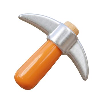 Stylized 3D render of a pickaxe icon with a silver head and orange handle on white.