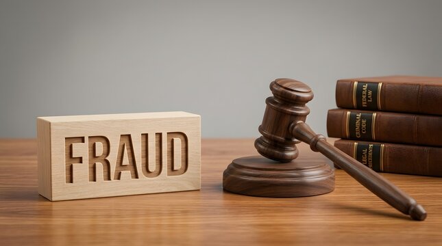 Concept of fraud and justice with wooden gavel, law books, and carved fraud block on a table. Represents legal consequences, financial crime investigation, and court proceedings.