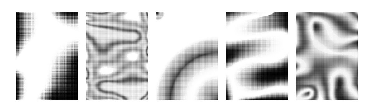 Set of modern halftone gradient posters. Dot pattern with fluid texture. Black halftone with liquid effect. Faded waves of black dots on white background. Gradient half tone. Bitmap art with pixels