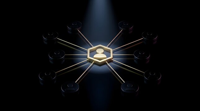 3D digital rendering of a glowing central leader icon connected to multiple people icons on a black background, illustrating social networking, leadership, and human resources management.