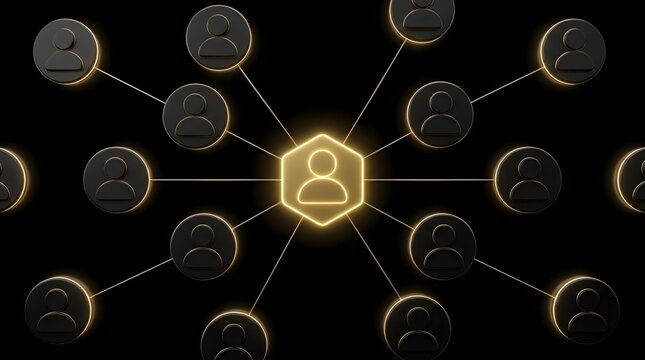 Abstract social network concept with glowing central leader icon connected to multiple user profiles on a dark background.
