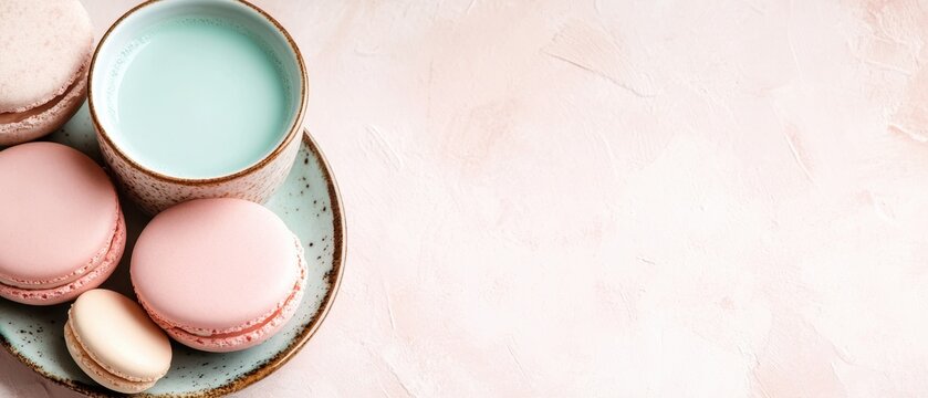 A cup of light blue tea and pastel-colored macarons on a saucer. Horizontal banner with copy space for text, poster, free space