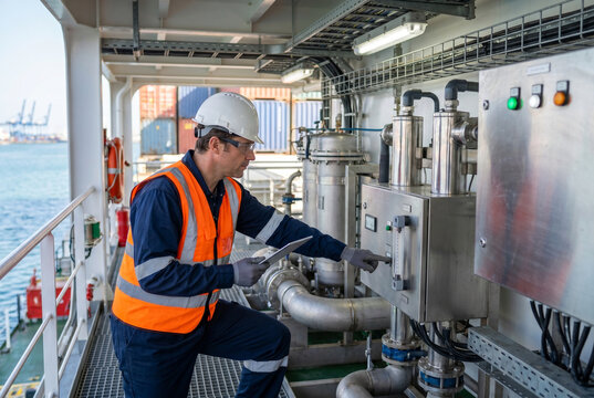 Engineer checking control panel on cargo ship in industrial setting  
