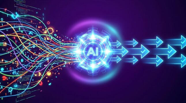 Artificial intelligence concept with glowing AI core processing colorful data streams into organized verified output arrows on dark background, representing machine learning and automation.