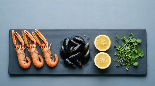 Raw langoustines and black mussels on a dark slate board with lemon and herbs