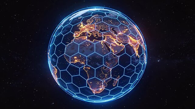 Earth model wrapped in a blue hexagonal grid with glowing orange surface lights against a deep space starry background