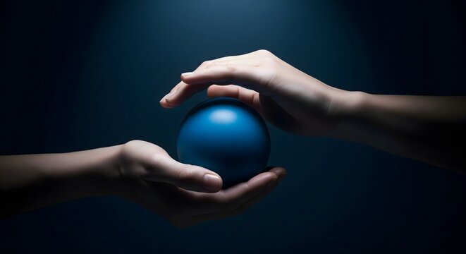 Two human hands holding a glowing blue sphere in dark studio lighting