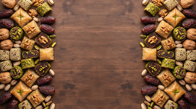 A flat lay composition of traditional middle eastern sweets including baklava, dates, and various nuts arranged in two vertical columns on a dark wooden table background, with space in, the middle