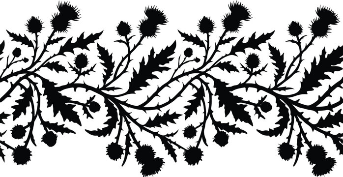Wavy Thorny Thistle Leaf Vine Seamless Border Silhouette Vector Clipart