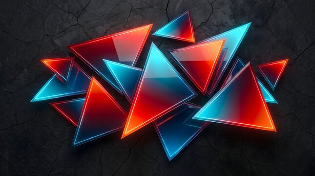Abstract neon triangles background with glowing red and blue light