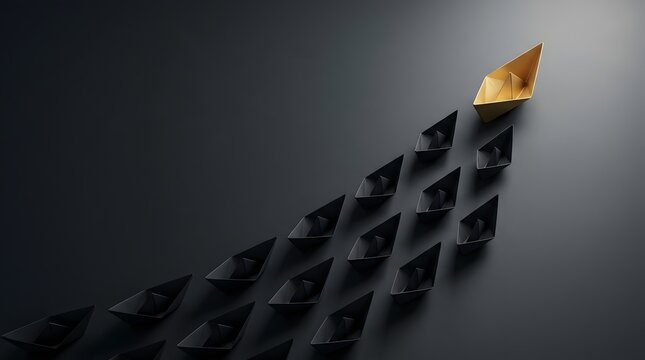 A golden origami paper boat leading a fleet of black paper boats on a dark surface, symbolizing leadership, business strategy, unique vision, and success in a competitive environment.
