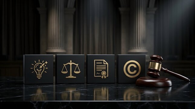 Intellectual property law concept with legal icons on black cubes and wooden judge gavel in courtroom setting for copyright and patent protection.