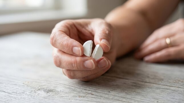 A close up shot of hands breaking expired medication into halves on a wooden table, depicting the process of rationing or disposing of pills safely in a home setting