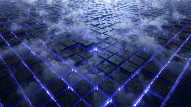 Futuristic abstract glowing blue cubes grid with smoke