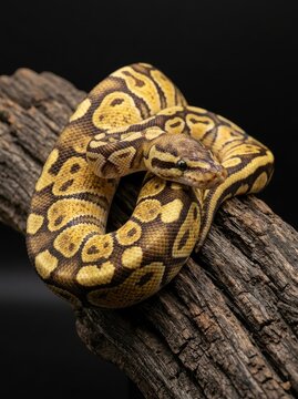 Beautiful Ball Python Snake Coiled on a Tree Branch Isolated on Black Background - Studio Portrait of a Royal Python Morph