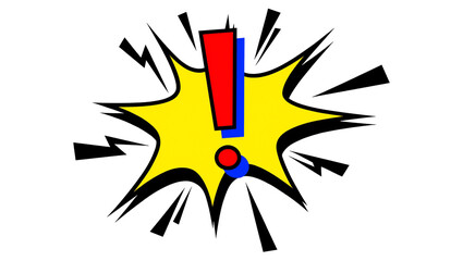 Red and blue exclamation mark on yellow starburst, isolated on transparent background © Charlie