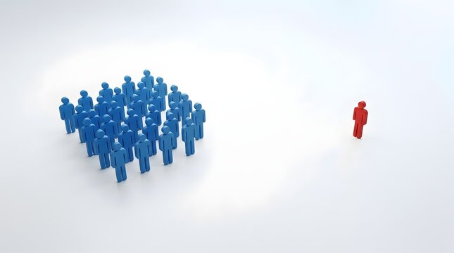 3D conceptual render of a single red human icon standing apart from a large crowd of blue figures, symbolizing leadership, individuality, and uniqueness on a clean white background.
