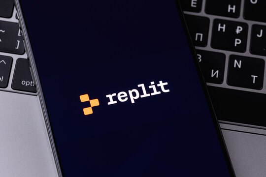 smartphone iPhone with Replit logo mobile app on a screen. Replit is a browser-based cloud development environment and AI-powered platform. Batumi, Georgia - July 7, 2026