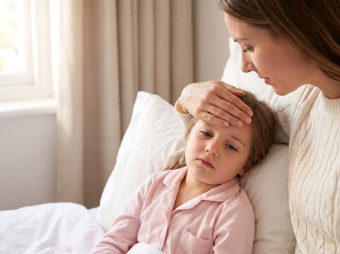 A caring mother gently places her hand on her sick daughter's forehead to check for a fever while the child lies in bed.