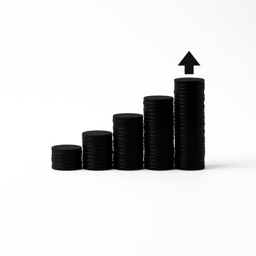 Rising stack of black coins forming a staircase with an upward pointing arrow representing financial growth, success, and investment progress.