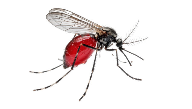 Mosquito with engorged red abdomen, isolated on transparent background