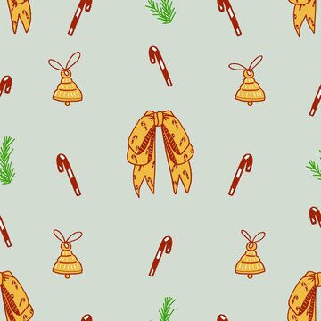 Christmas seamless pattern with yellow ribbon bow, bells, candy canes on light sage blue background
