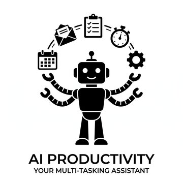 A friendly robot figure juggling business icons representing multitasking, productivity, and artificial intelligence management concept.