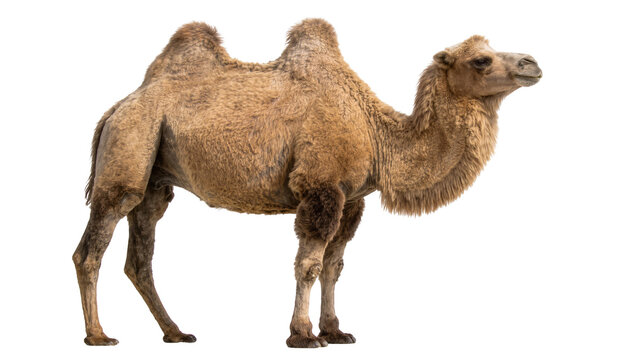 Bactrian camel with two humps standing profile view, isolated on transparent background