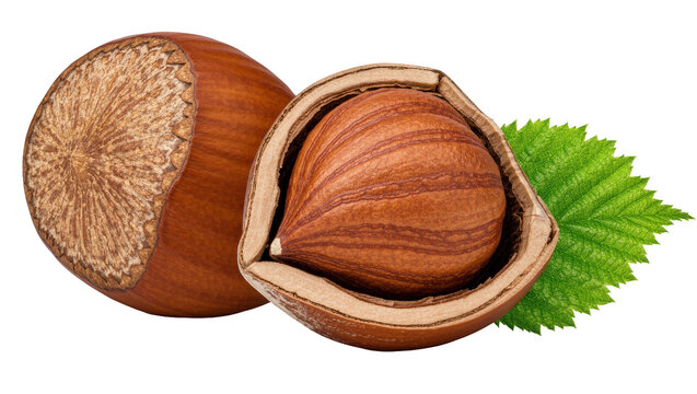 Whole and cracked hazelnut with green leaf, isolated on transparent background