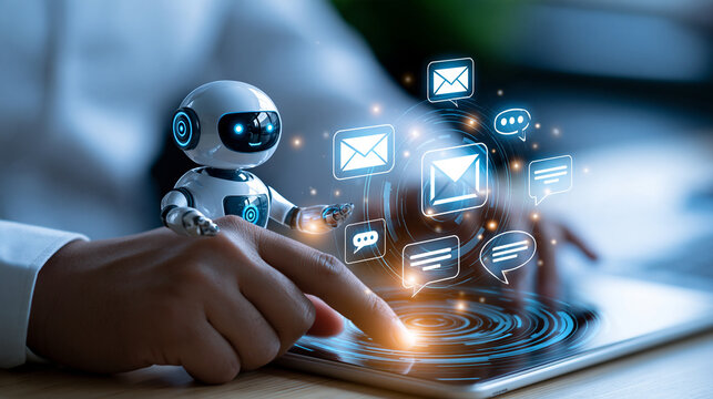 Bright artificial intelligence chatbot and virtual assistant concept man hand using a tablet near a friendly robot character glowing email message and chat bubble icons cropped view