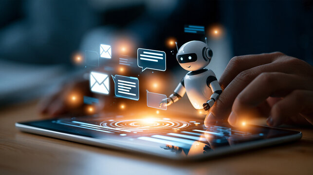 Bright artificial intelligence chatbot and virtual assistant concept man hand using a tablet near a friendly robot character glowing email message and chat bubble icons cropped view