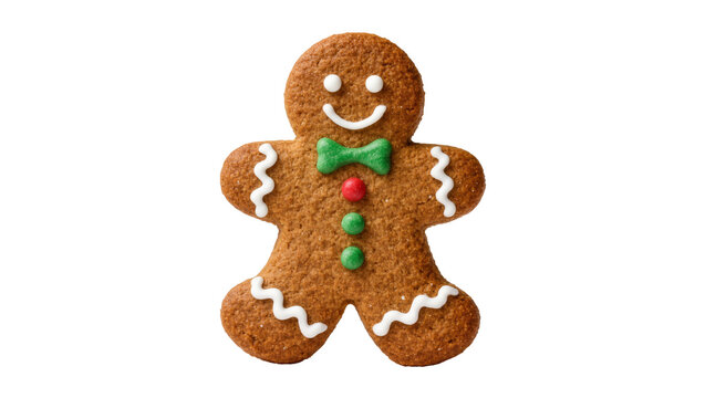 Gingerbread man cookie with green bow tie and red and green buttons, isolated on transparent background
