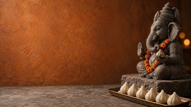 Stone statue of elephant-headed deity sitting with garland and traditional sweets on textured brown background