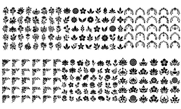 Diwali floral silhouette collection featuring lotus flowers, botanical ornaments, arches and decorative vector elements