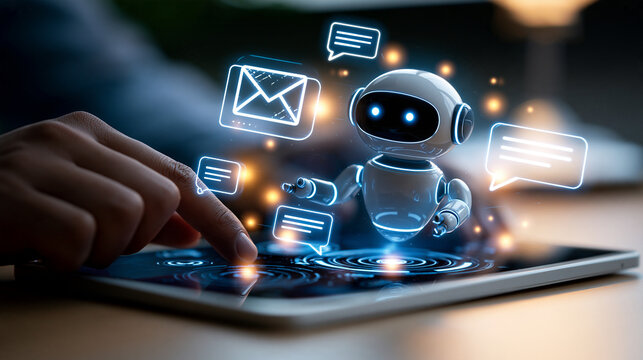 Bright artificial intelligence chatbot and virtual assistant concept man hand using a tablet near a friendly robot character glowing email message and chat bubble icons cropped view