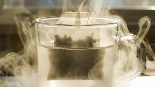 Surreal Teabag Emitting Thick White Vapor Into A Glass Mug Of Water