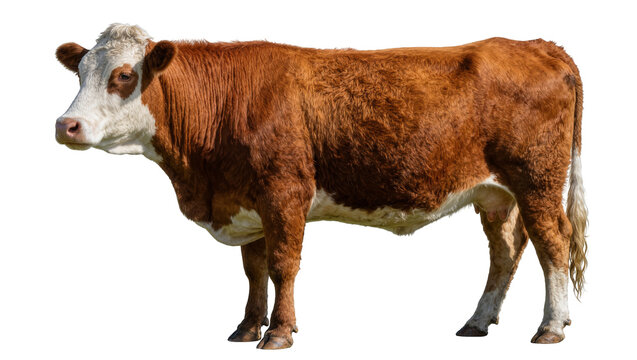 Brown and white cow standing, isolated on transparent background