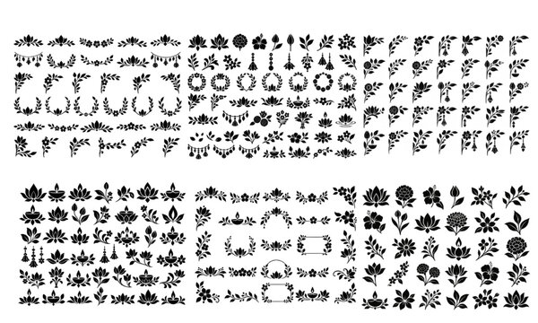 Diwali silhouette design collection of lotus motifs, floral borders, garlands, wreaths and decorative botanical ornaments